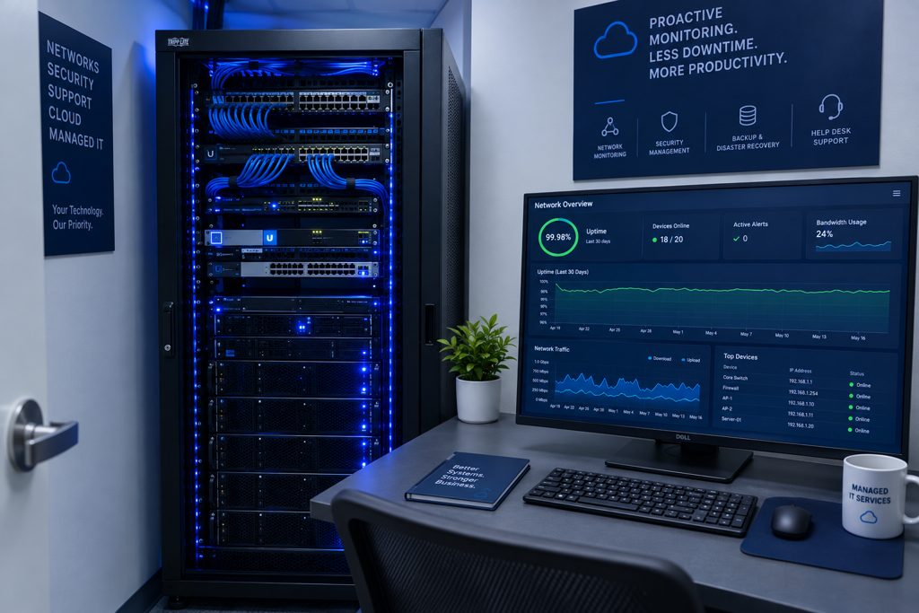 Office network rack with monitoring dashboard